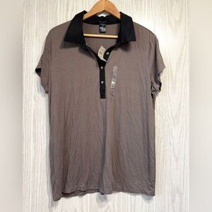 Ann Taylor Taupe Black Contrast Polo Top Short Sleeve Size XL NWT